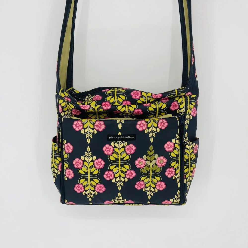 Petunia Pickle Bottom Black Green Pink Floral Shoulder Strap Diaper Bag W/ Pad